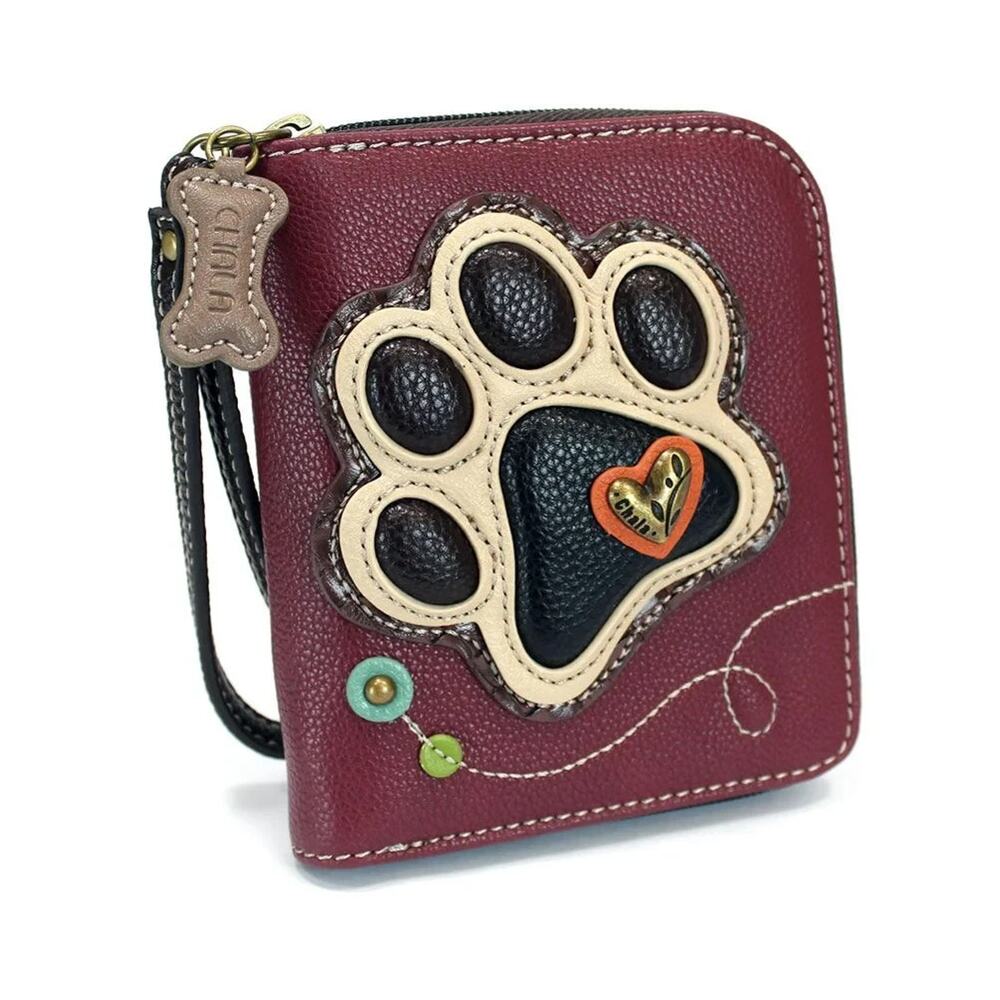 Chala Faux Leather Zip Credit Card Wallet Wristlet - Ivory Paw Print, Maroon NWT